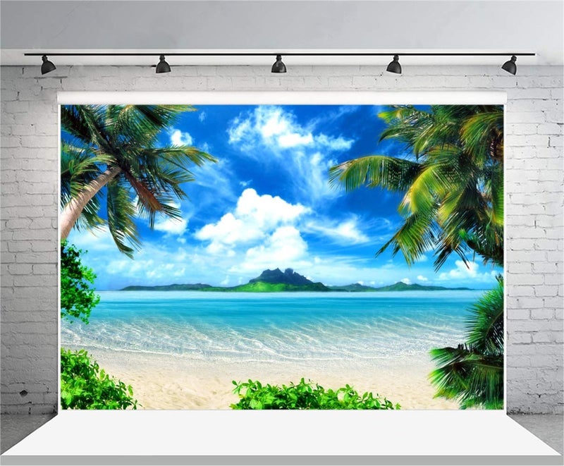 Laeacco 10x8ft Seaside Beach Vinyl Photography Background Summer Blue Sky White Clouds Island Palms Sea Waves Soft Sand Backdrop Wedding Banner Landscape Seascape Wallpaper Luau Shoot Studio Props - Image 4